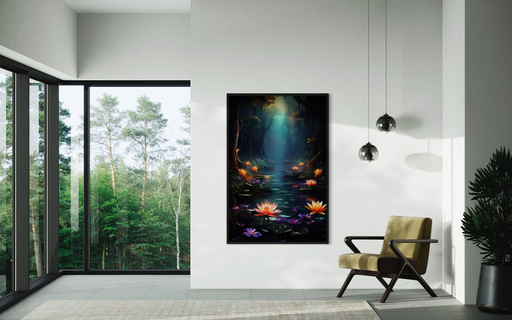 Magical Fantasy Forest Moody Framed Canvas Wall Art on large wall