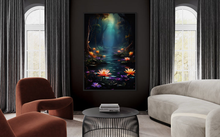 Magical Fantasy Forest Moody Framed Canvas Wall Art in living room