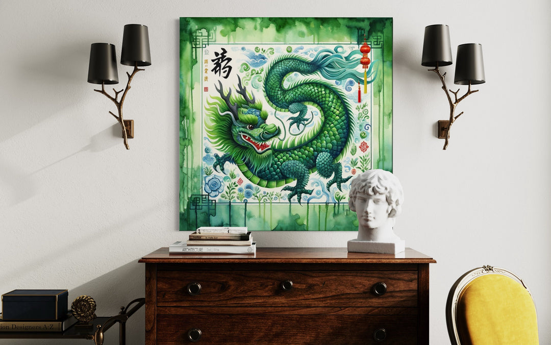 Chinese Green Dragon Framed Canvas Wall Art in living room