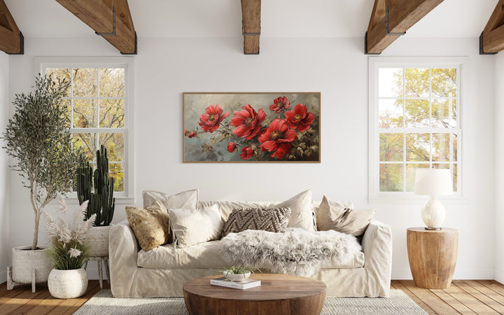 Red Abstract Flowers Framed Canvas Wall Art in living room