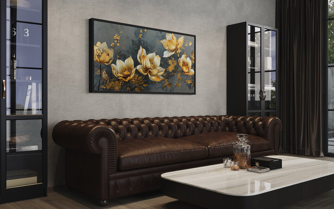 Gold Abstract Flowers On Grey Background Modern Living Room Wall Art above brown couch