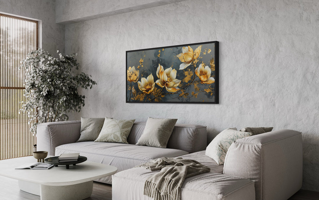 Gold Abstract Flowers On Grey Background Modern Living Room Wall Art above grey couch