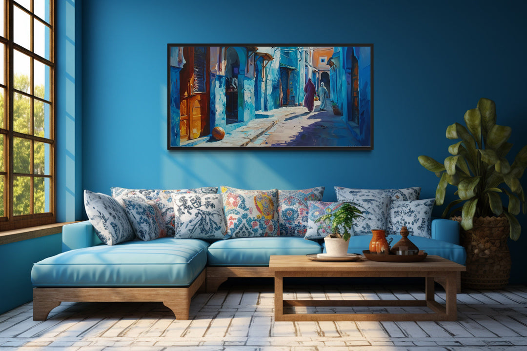 Chefchauen Blue Street Painting Morocco Framed Canvas Wall Art in blue room