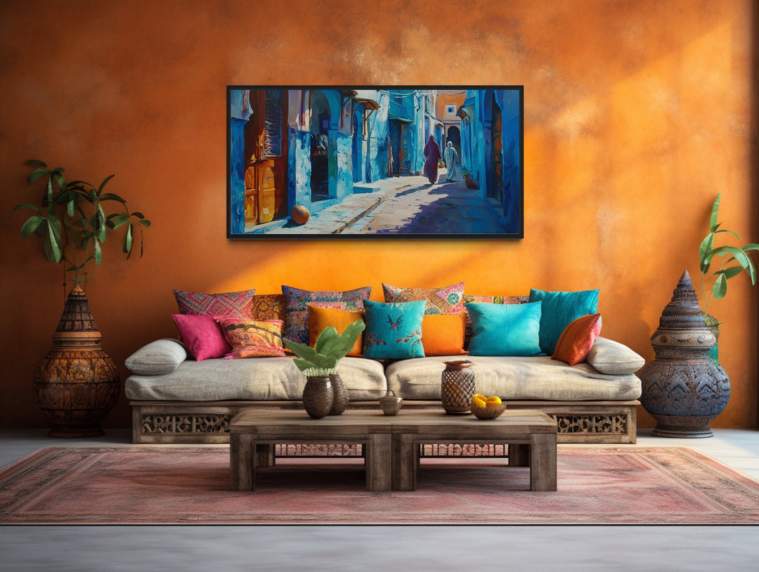 Chefchauen Blue Street Painting Morocco Framed Canvas Wall Art in moroccan room