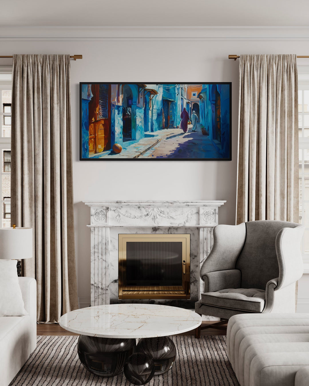 Chefchauen Blue Street Painting Morocco Framed Canvas Wall Art above fireplace