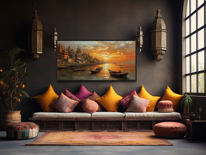 Indian Wall Art Ganges River At Sunset "Ganges Twilight" above pink & yellow pillows