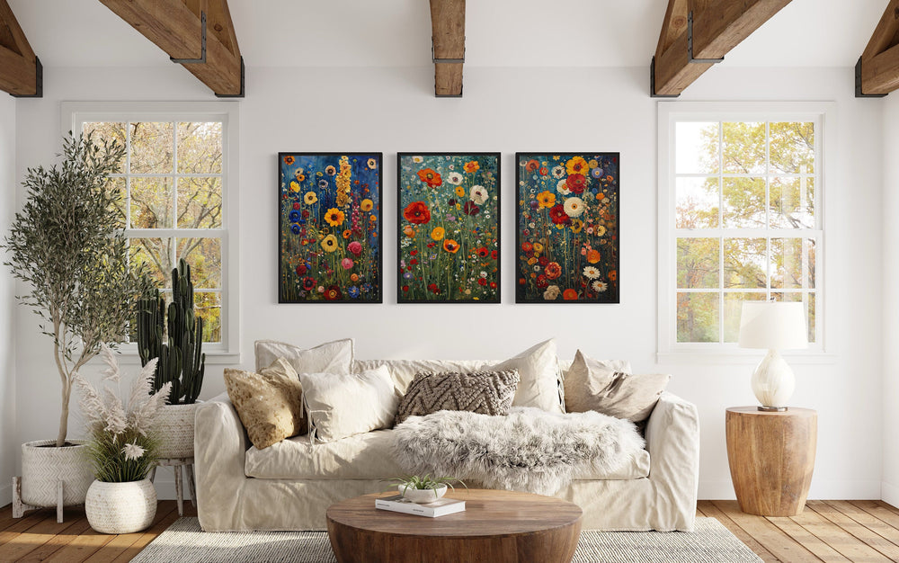 Set Of 3 Colorful Wildflowers Inspired By Gustav Klimt Spring Wall Art in living room