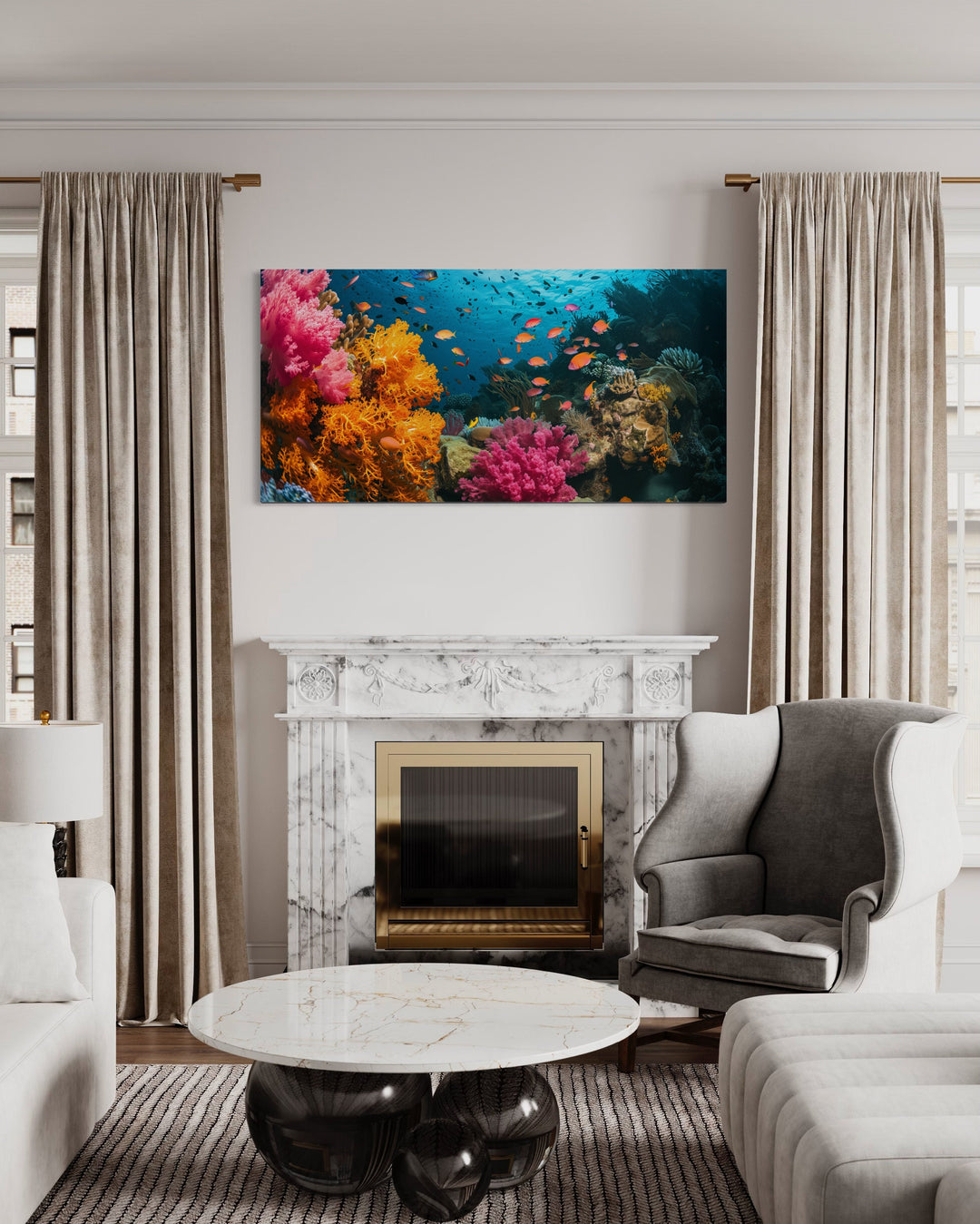 Underwater Coral Reef And Fish Photography Style Wall Art above fireplace