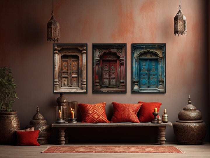 Set Of Three Indian Framed Canvas Wall Art, Colorful Doors Painting