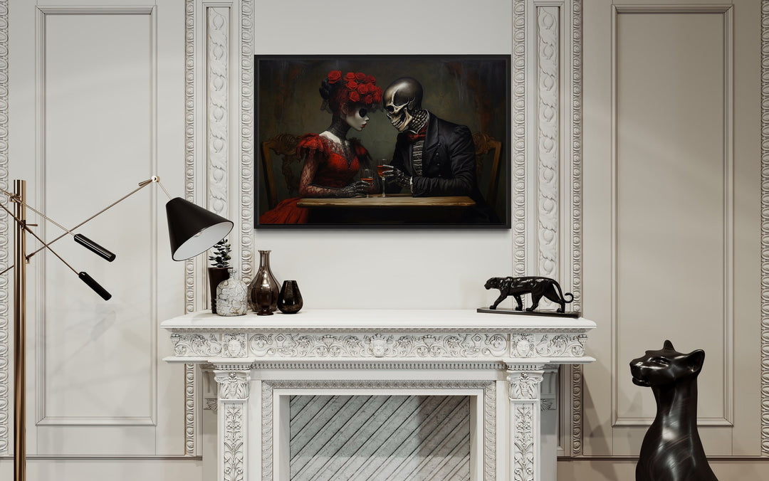 Skeleton Couple Romantic Gothic Framed Canvas Wall Art above fireplace