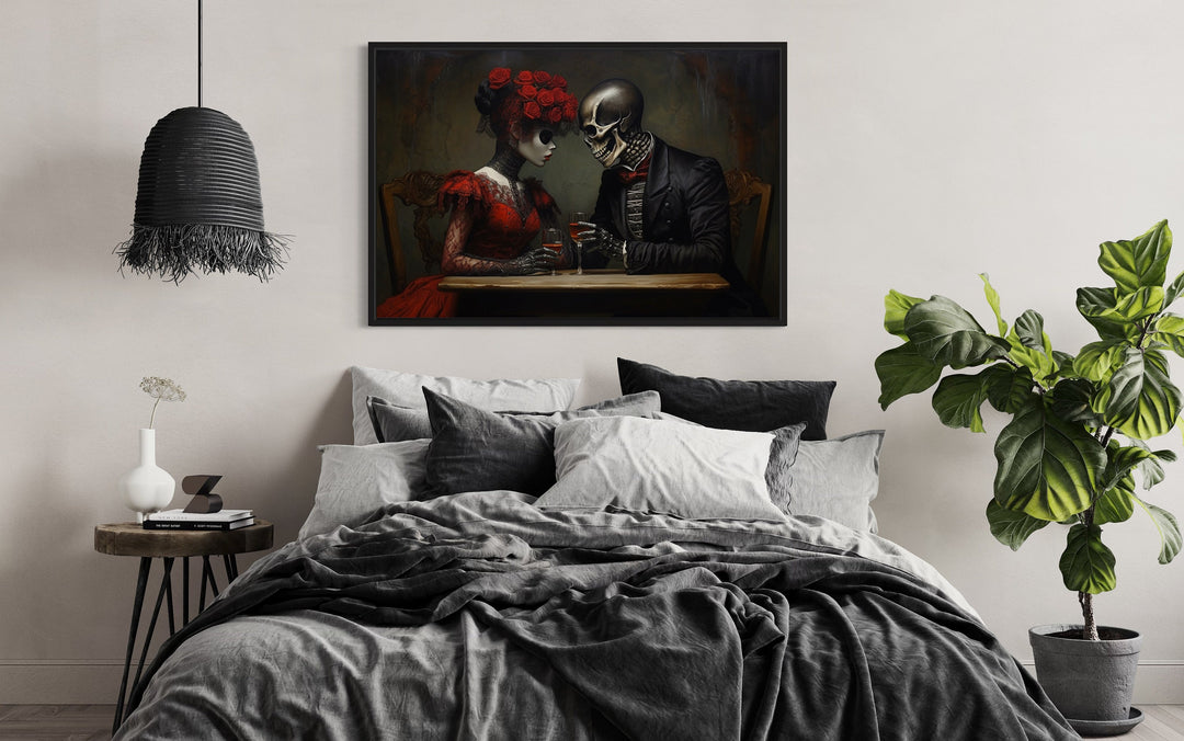 Skeleton Couple Romantic Gothic Framed Canvas Wall Art above bed