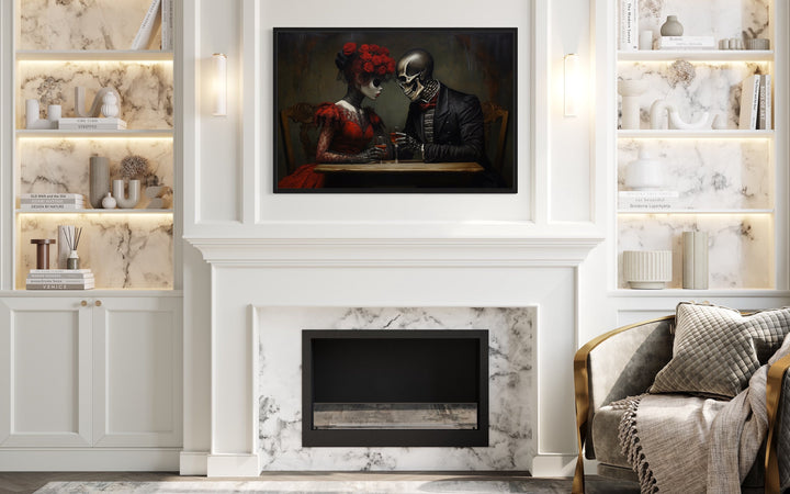 Skeleton Couple Romantic Gothic Framed Canvas Wall Art above mantel