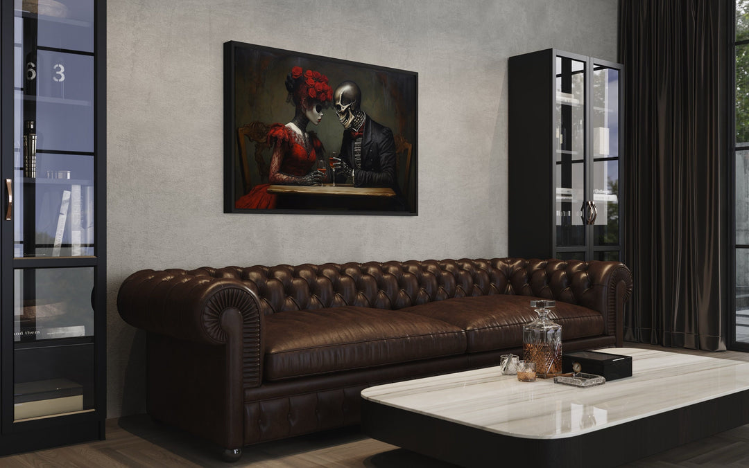 Skeleton Couple Romantic Gothic Framed Canvas Wall Art in living room