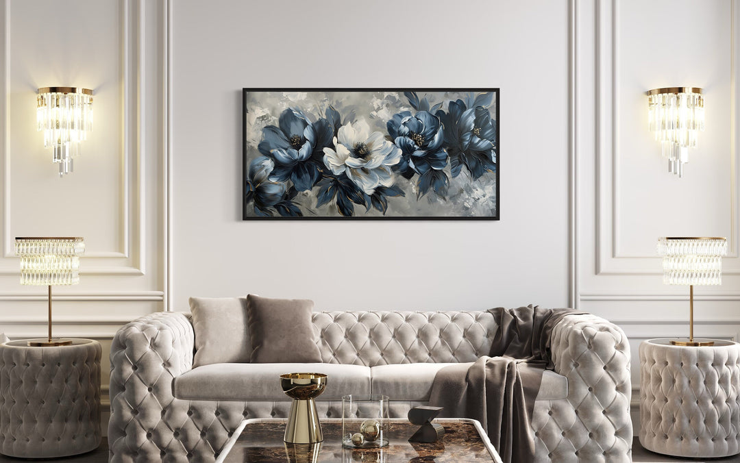 Navy Blue Abstract Flowers Framed Canvas Wall Art For Living Room above white couch