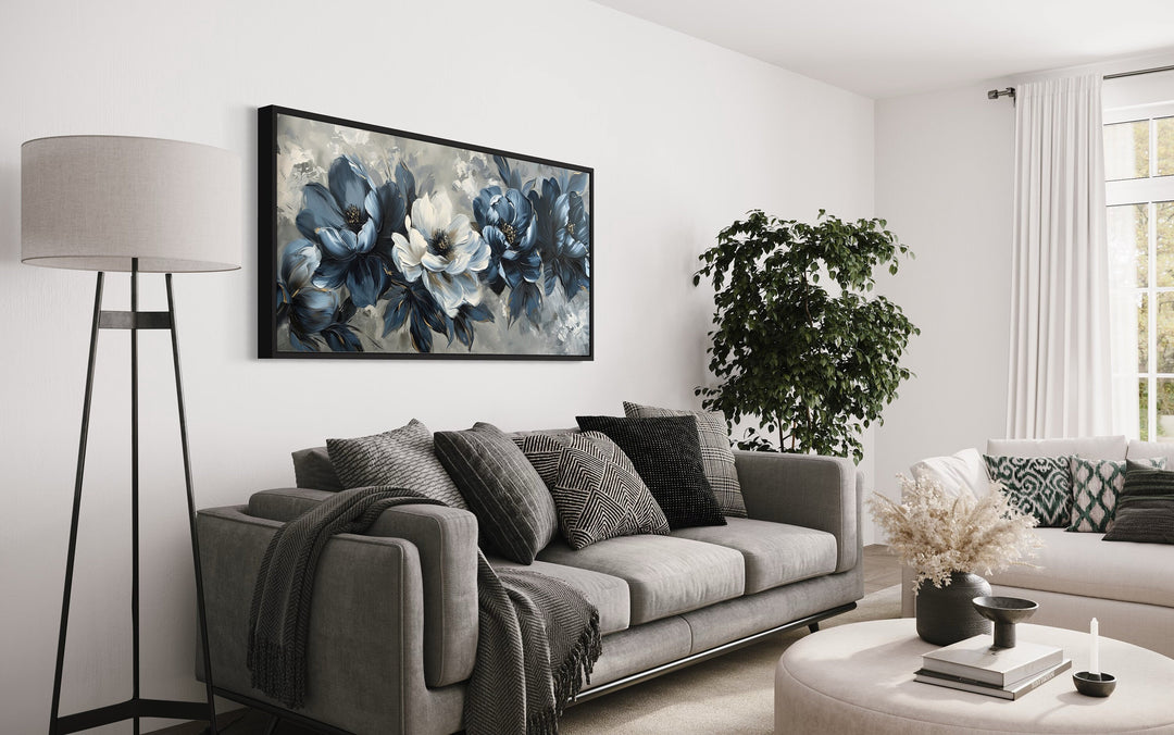 Navy Blue Abstract Flowers Framed Canvas Wall Art For Living Room above grey couch