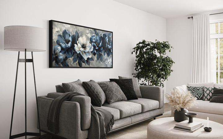 Navy Blue Abstract Flowers Framed Canvas Wall Art For Living Room above grey couch