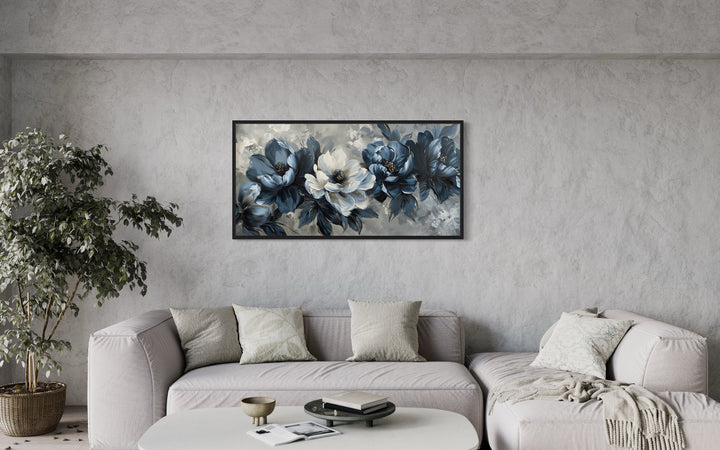 Navy Blue Abstract Flowers Framed Canvas Wall Art For Living Room above grey couch