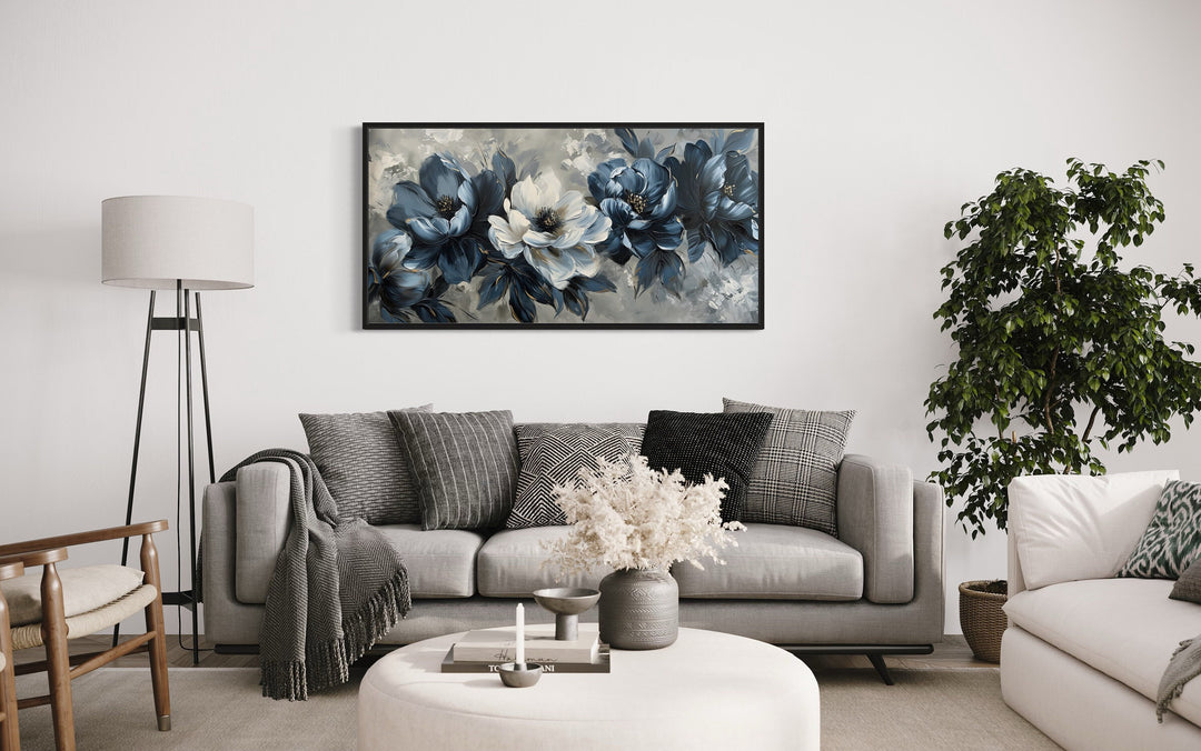 Navy Blue Abstract Flowers Framed Canvas Wall Art For Living Room