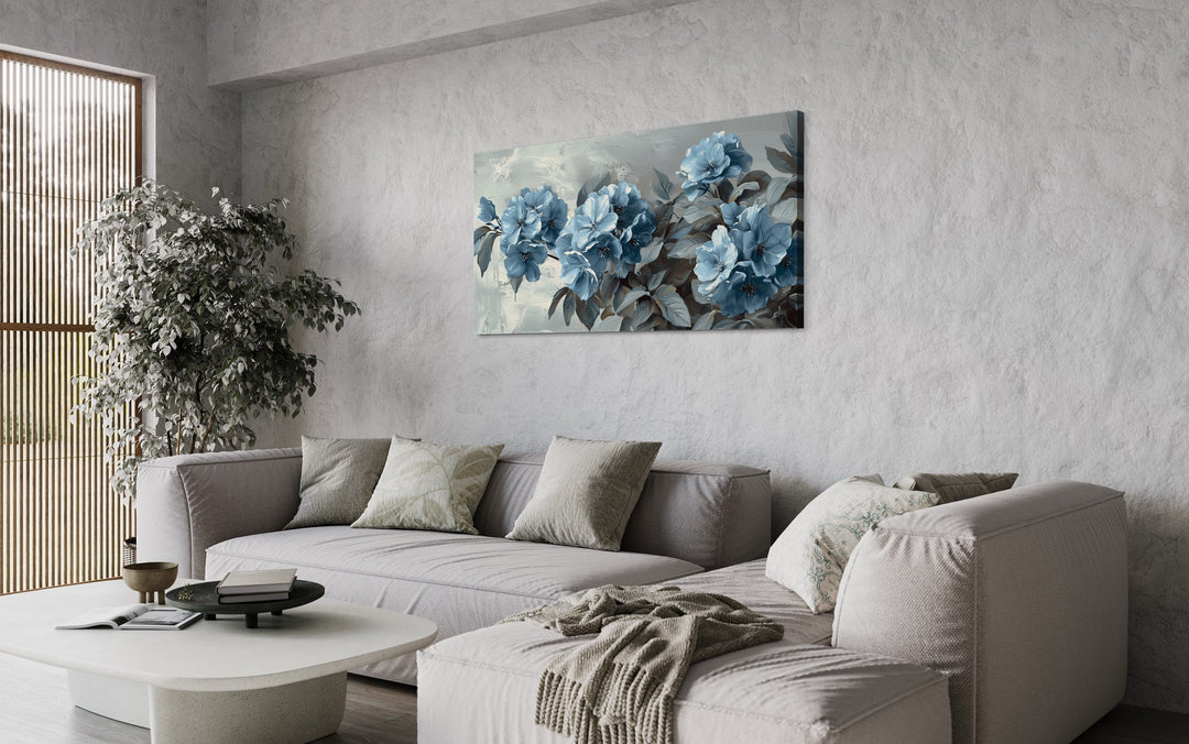 Light Blue Abstract Flowers On Grey Background Framed Canvas Wall Art in living room