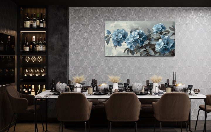 Light Blue Abstract Flowers On Grey Background Framed Canvas Wall Art in dining room