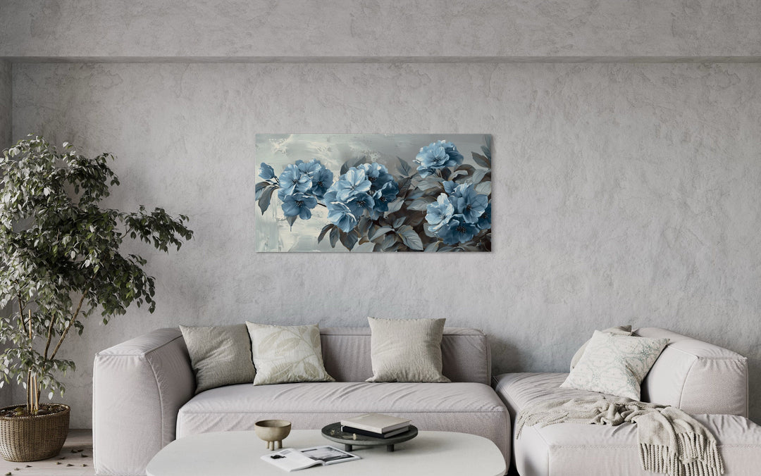 Light Blue Abstract Flowers On Grey Background Framed Canvas Wall Art in living room