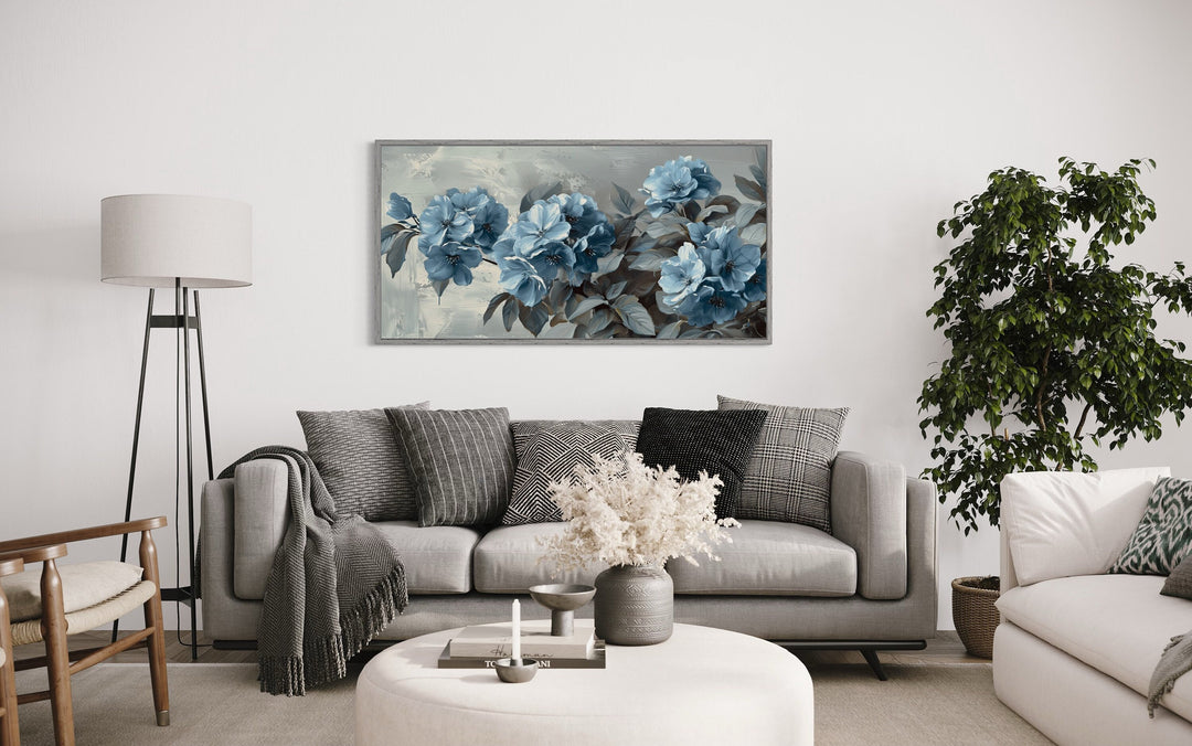 Light Blue Abstract Flowers On Grey Background Framed Canvas Wall Art