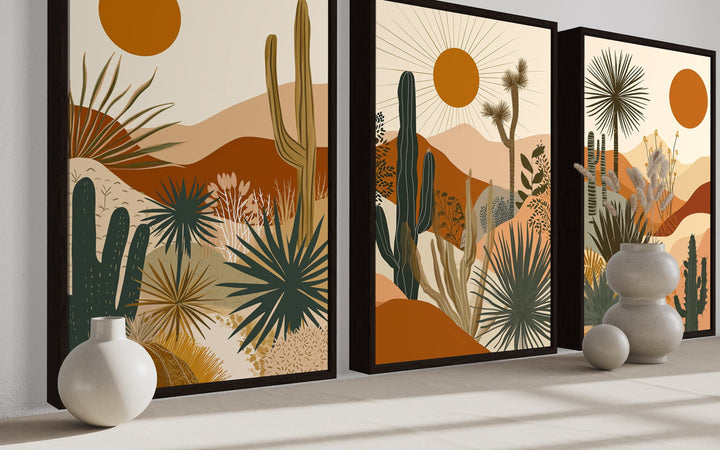 3 Piece Set Mid Century Modern Desert Cactus Sun Wall Art side view
