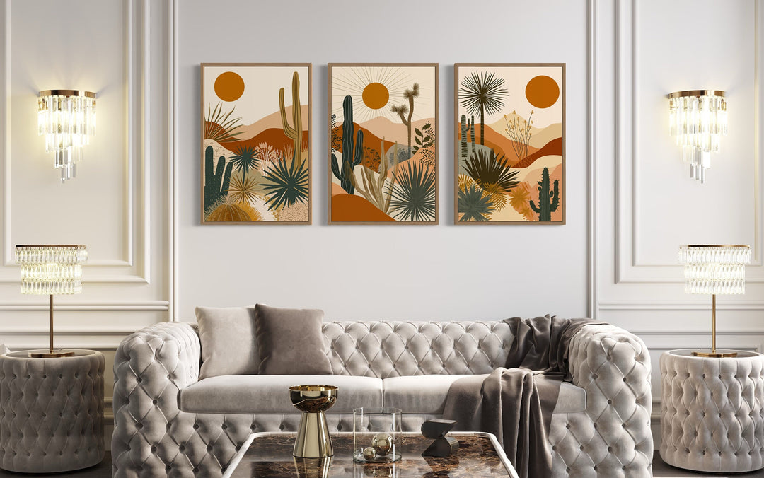 3 Piece Set Mid Century Modern Desert Cactus Sun Wall Art in modern white room