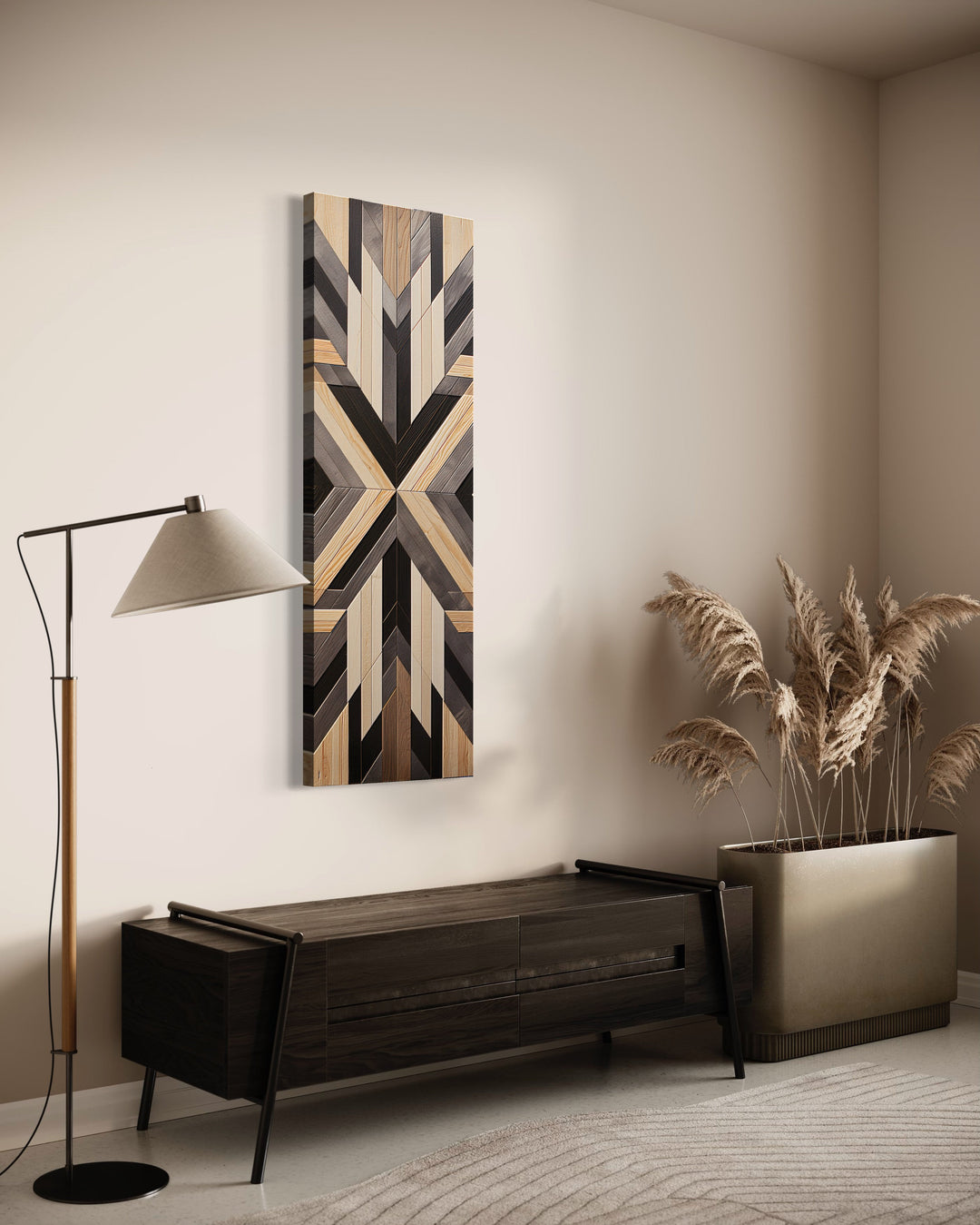 Tall Narrow Neutral Brown Aztec Inspired Vertical Canvas Wall Art in modern home
