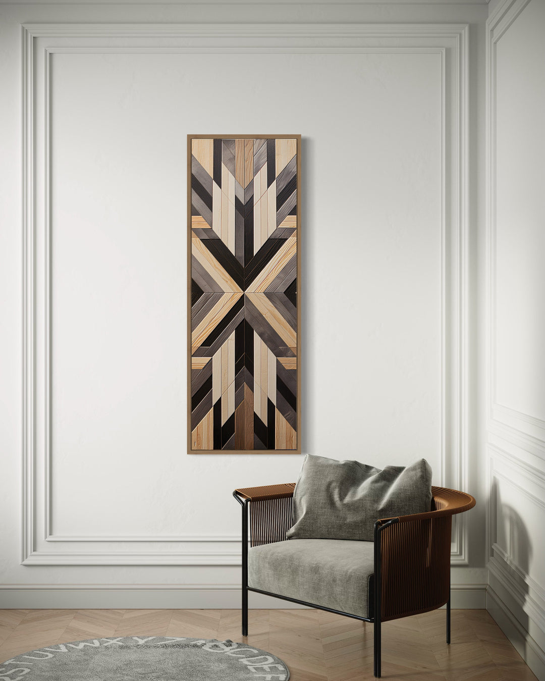 Tall Narrow Neutral Brown Aztec Inspired Vertical Canvas Wall Art and a chair in a room