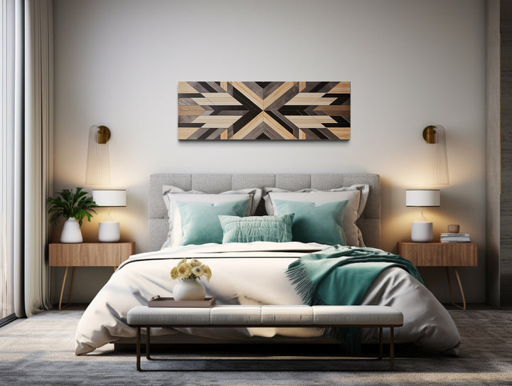 Painted Aztec Inspired Wood Painting Horizontal Southwestern Wall Art above bed