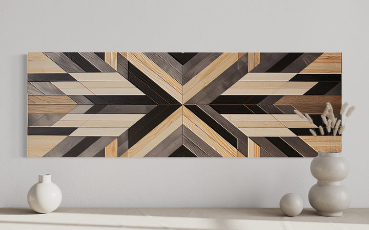 Painted Aztec Inspired Wood Painting Horizontal Southwestern Wall Art close up