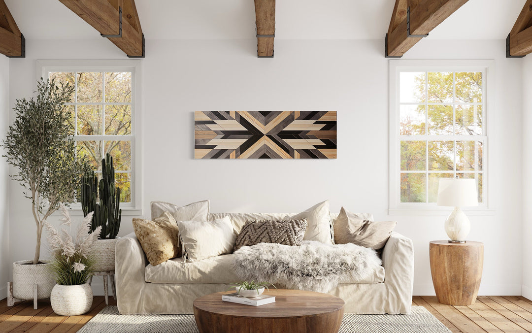 Painted Aztec Inspired Wood Painting Horizontal Southwestern Wall Art above couch