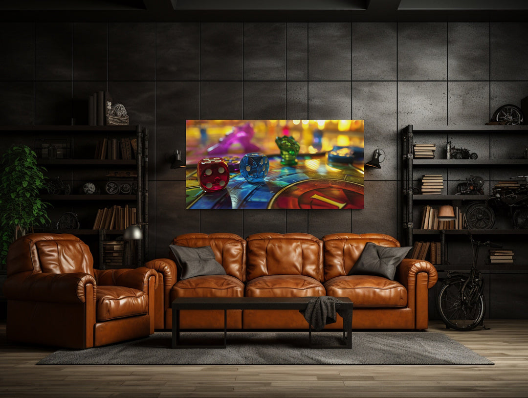 Decor Rolling Dice And Board Game Framed Canvas Wall Art in Game Room