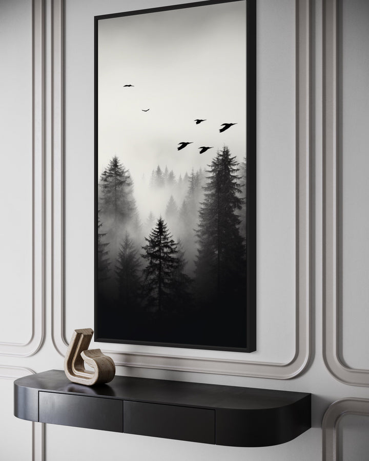 Black White Tall Vertical Foggy Fir Tree Forest Framed Canvas Wall Art side view