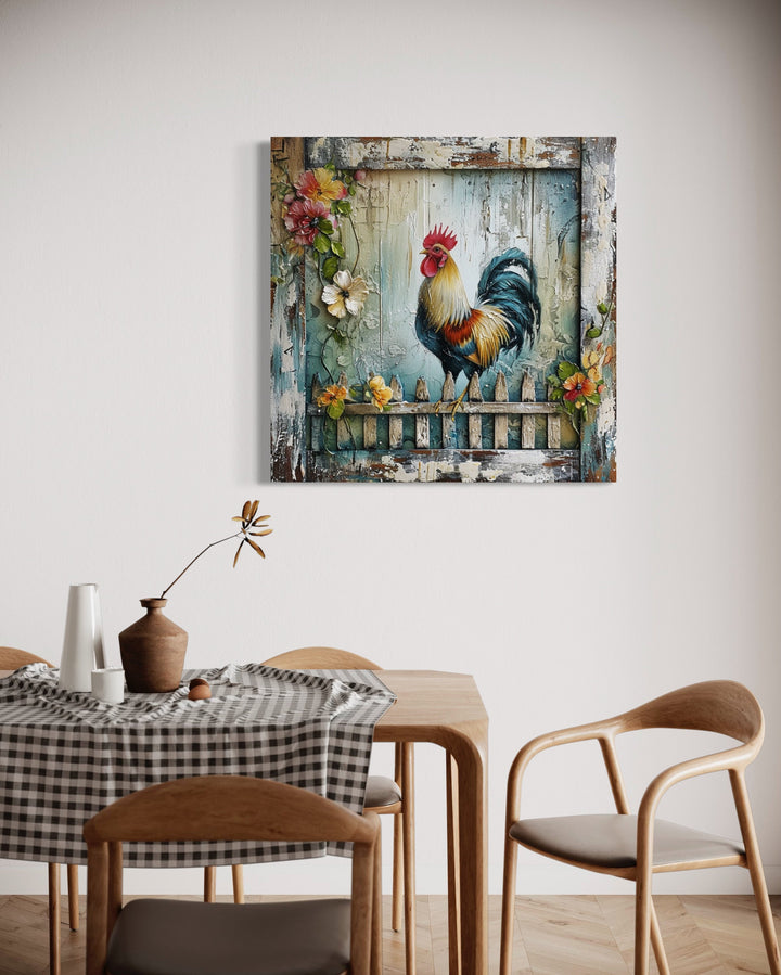 Rooster On The Fence Rustic Farmhouse Wall Art in rustic kitchen