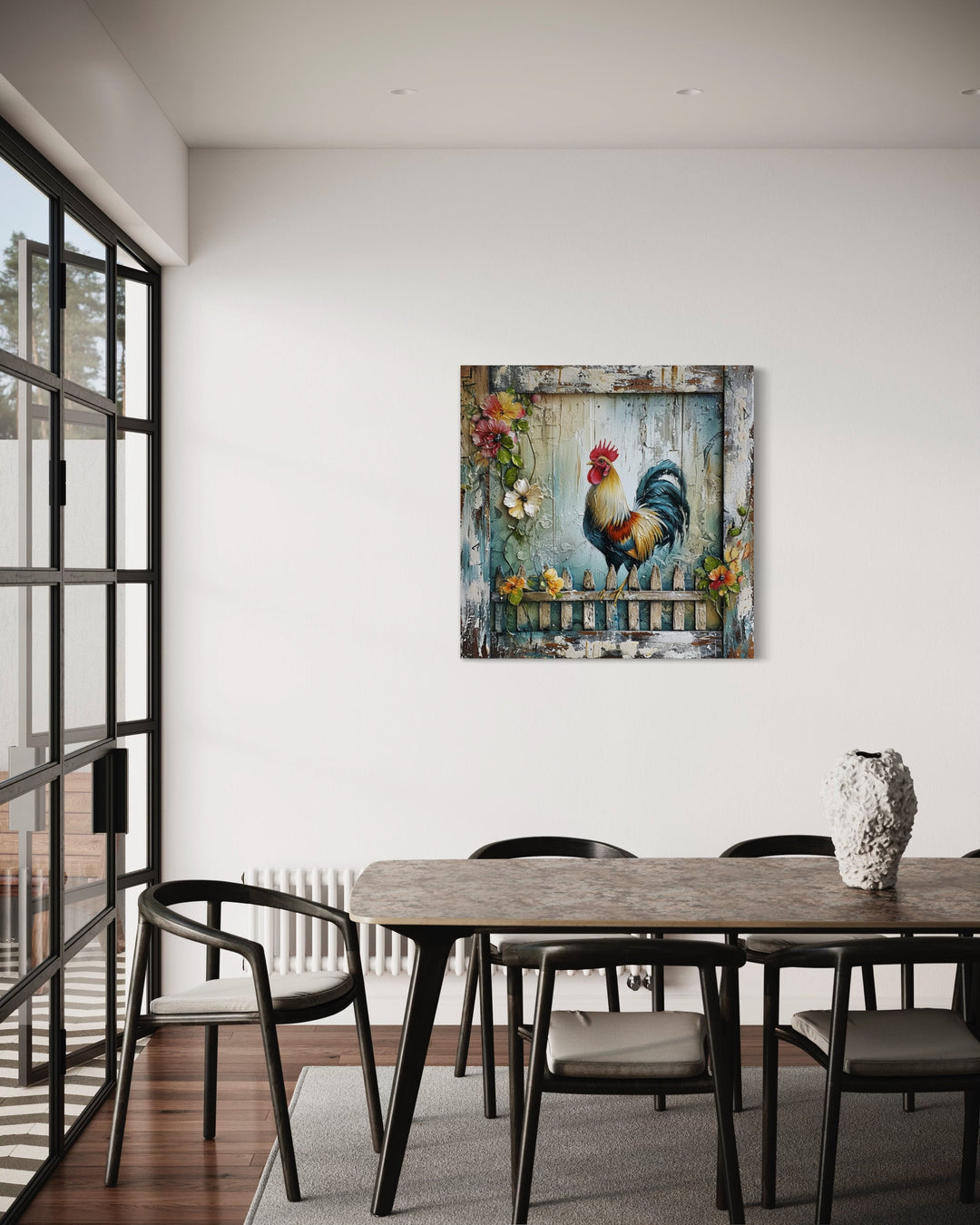 Rooster On The Fence Rustic Farmhouse Wall Art in the kitchen