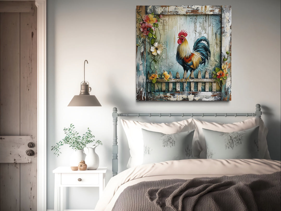Rooster On The Fence Rustic Farmhouse Wall Art above bed