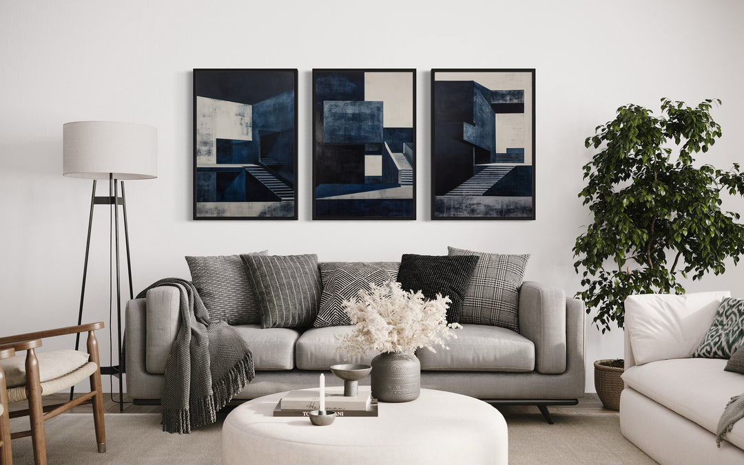 3 Piece Mid Century Modern Navy Blue Architectural Wall Art above grey couch