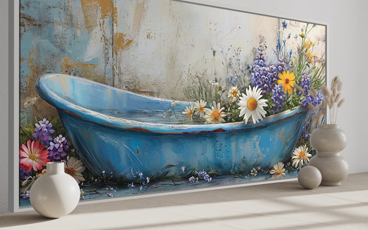 Farmhouse Bathroom Rustic Chic Bathtub With Flowers Wall Art side view