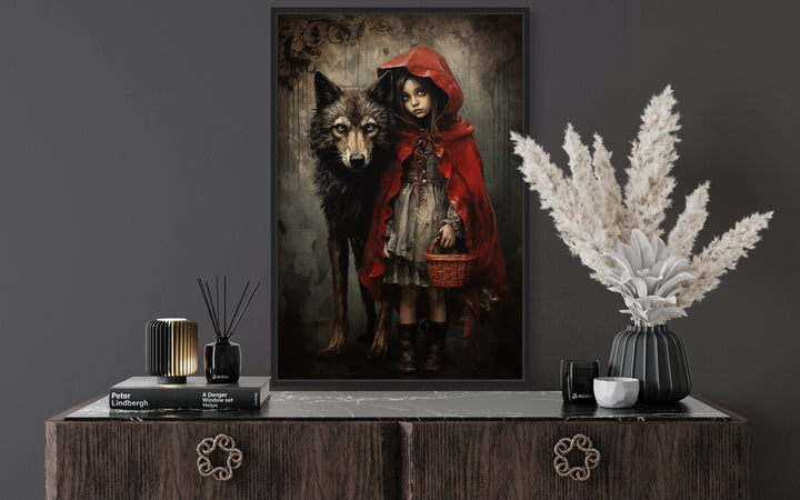 Gothic Little Red Riding Hood And Wolf Framed Canvas Wall Art