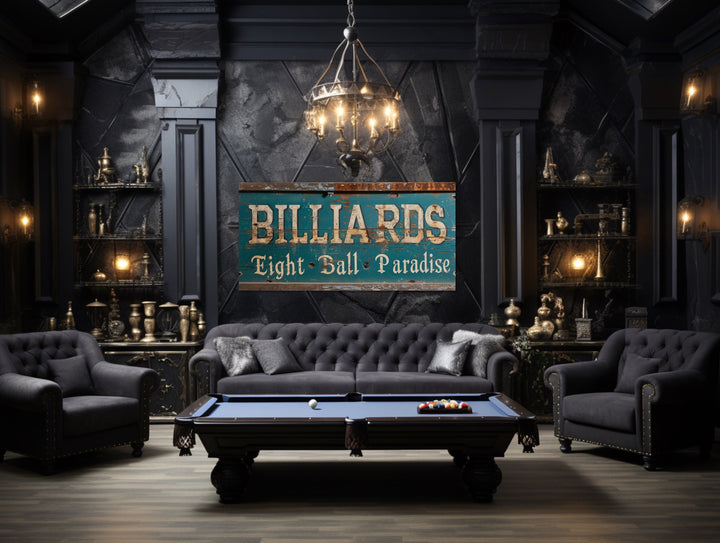 "Eight Ball Paradise" Vintage Sign Wall Art in billiards room