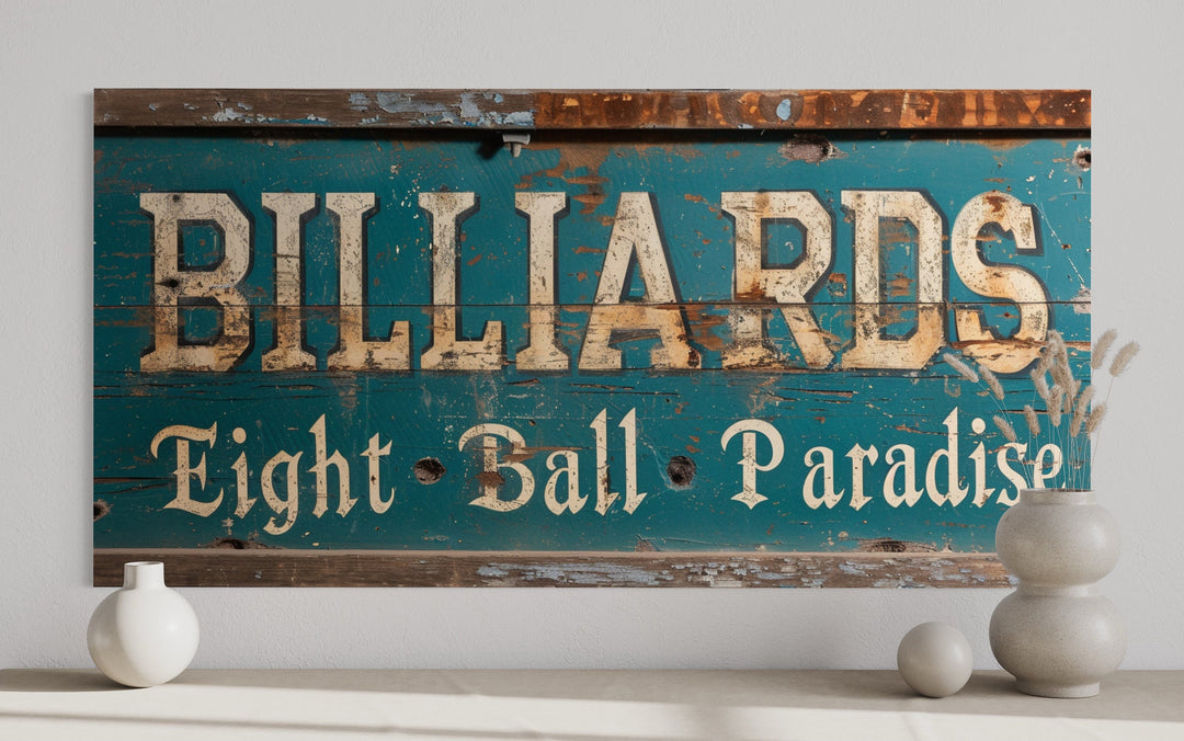 "Eight Ball Paradise" Vintage Sign Billiards Wall Art close up