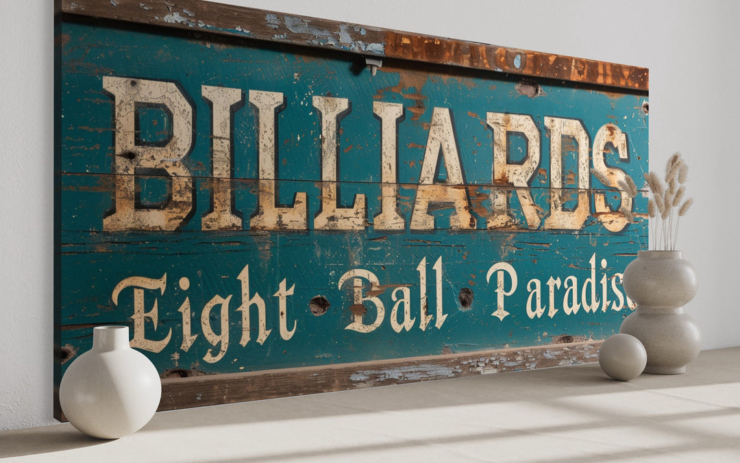 "Eight Ball Paradise" Vintage Sign Billiards Wall Art close up side view