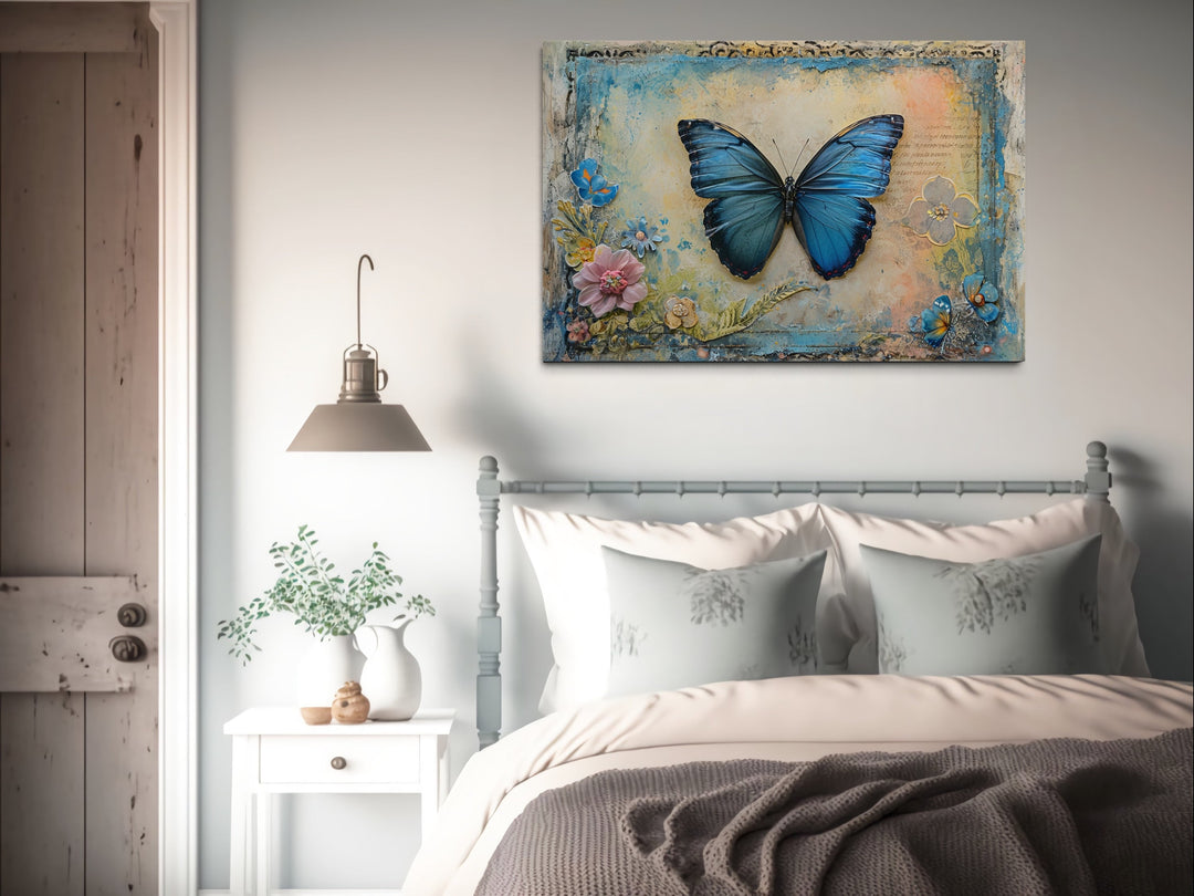 Blue Monarch Butterfly Vintage Framed Canvas Wall Art above bed