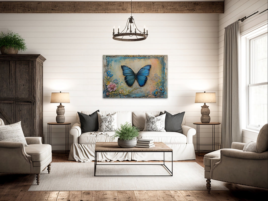 Blue Monarch Butterfly Vintage Framed Canvas Wall Art above couch