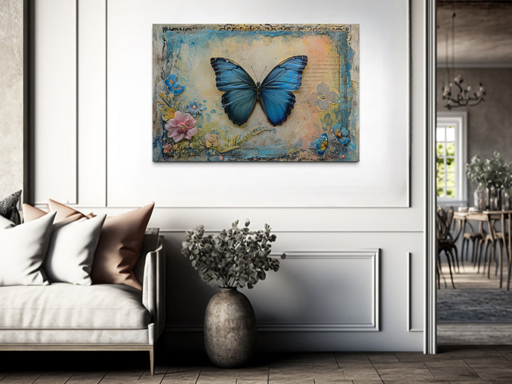 Blue Monarch Butterfly Vintage Framed Canvas Wall Art in rustic room