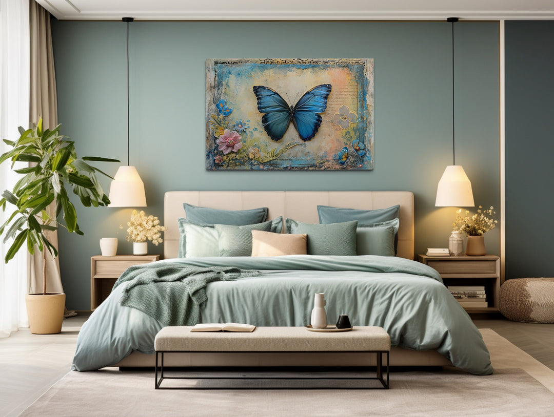 Blue Monarch Butterfly Vintage Framed Canvas Wall Art above bed