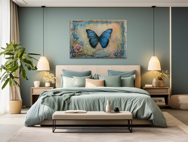 Blue Monarch Butterfly Vintage Framed Canvas Wall Art above bed