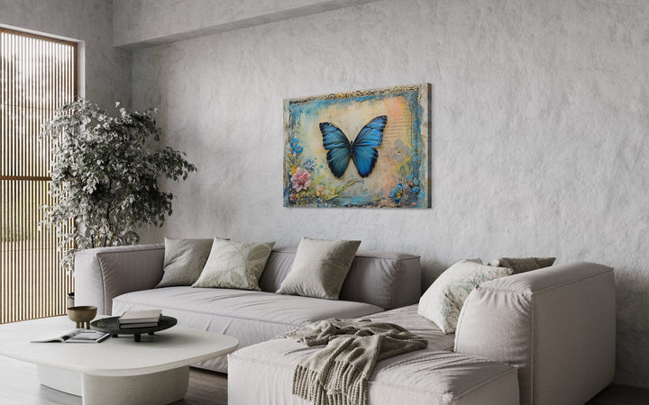 Blue Monarch Butterfly Vintage Framed Canvas Wall Art side view